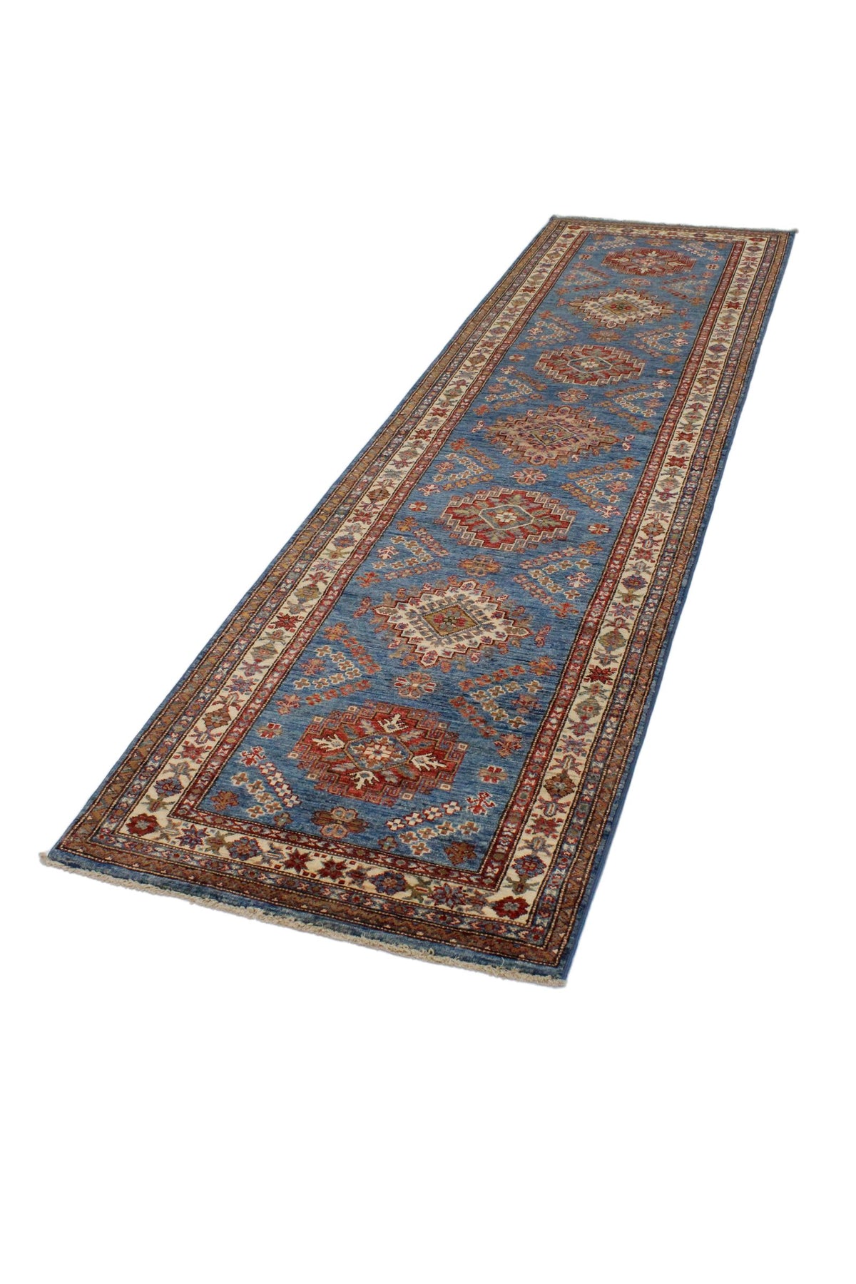 3x10 Blue and Ivory Kazak Tribal Runner