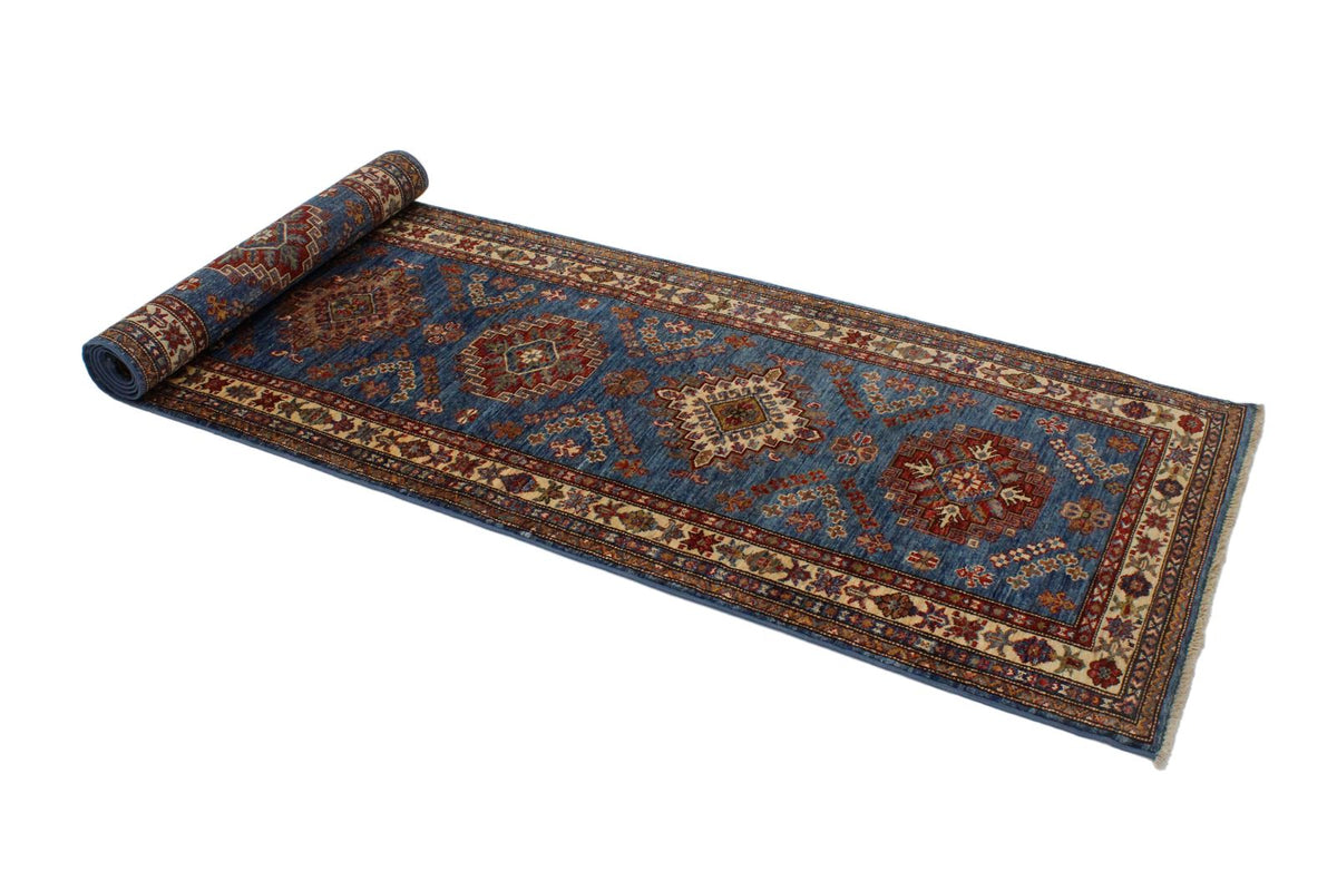 3x10 Blue and Ivory Kazak Tribal Runner