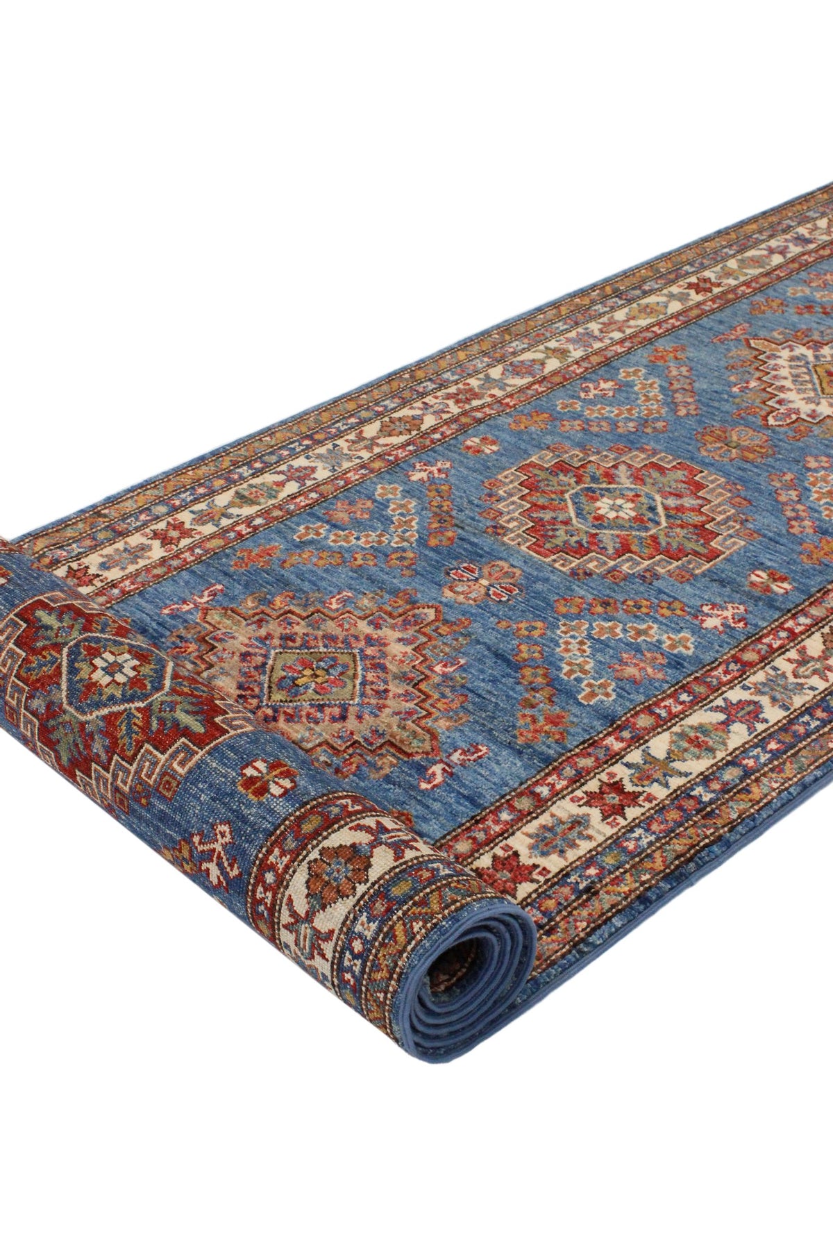 3x10 Blue and Ivory Kazak Tribal Runner