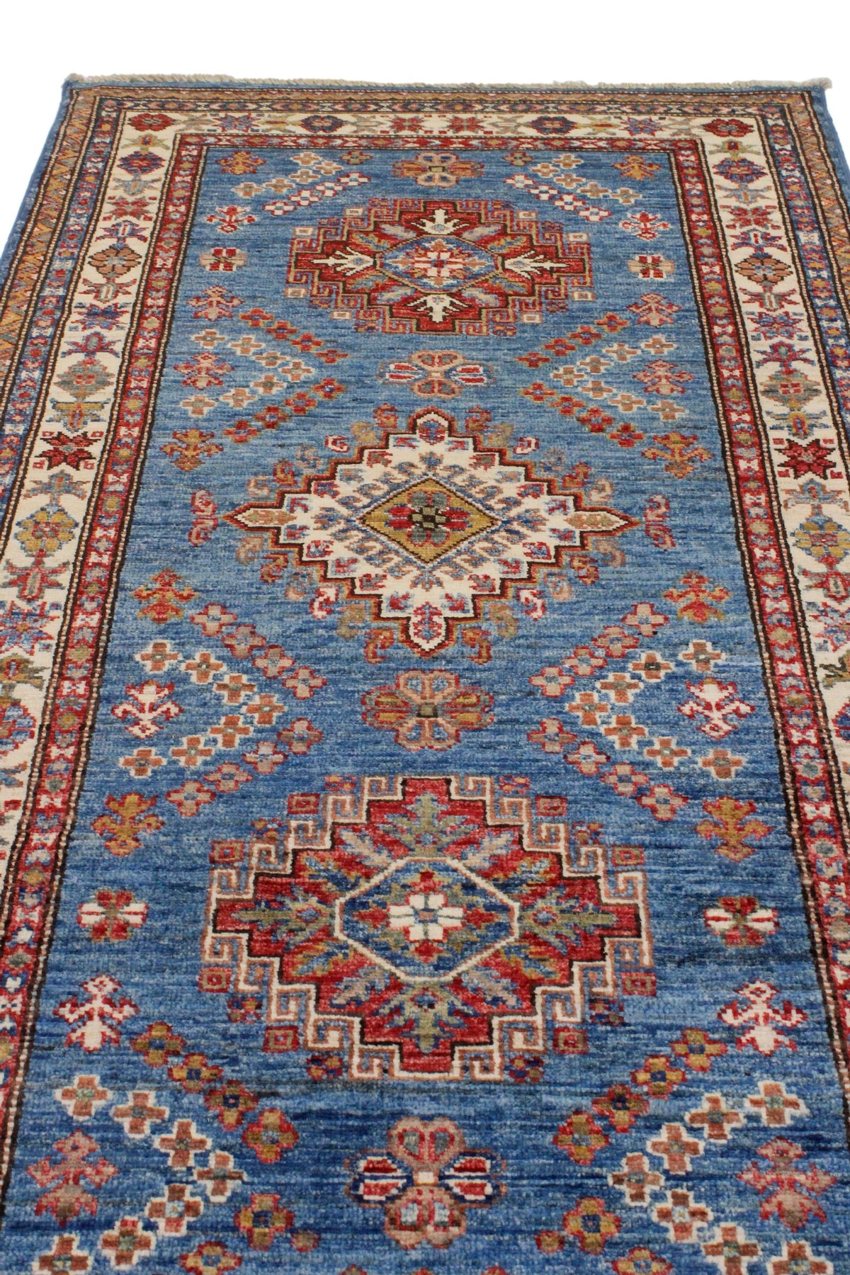 3x10 Blue and Ivory Kazak Tribal Runner