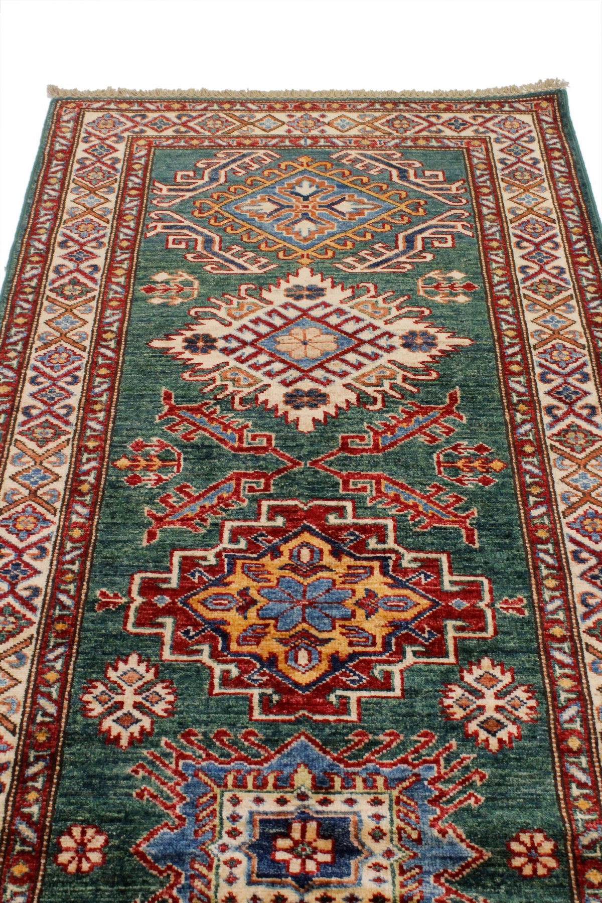 3x9 Green and Ivory Kazak Tribal Runner