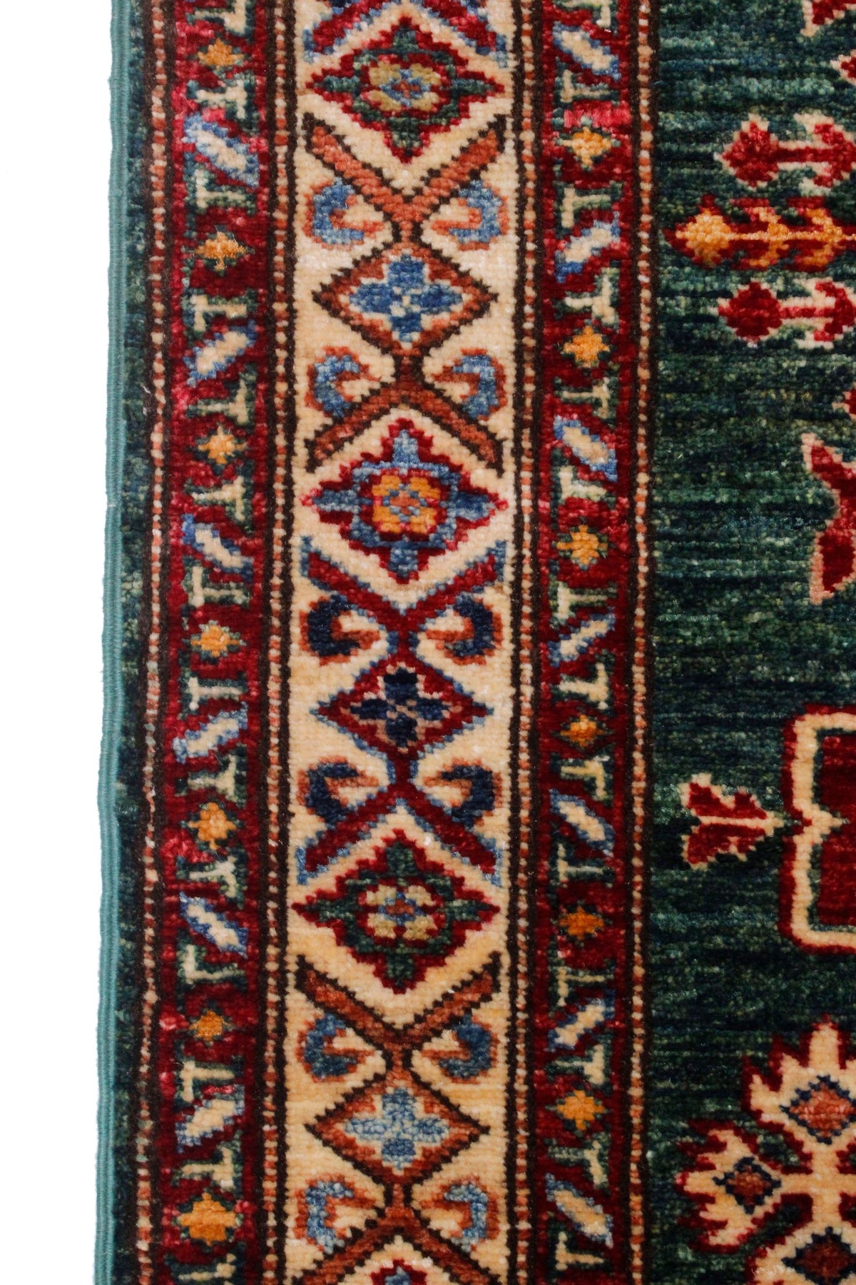 3x9 Green and Ivory Kazak Tribal Runner