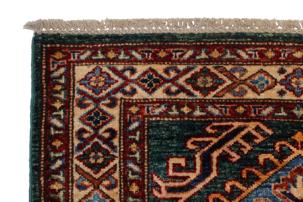 3x9 Green and Ivory Kazak Tribal Runner