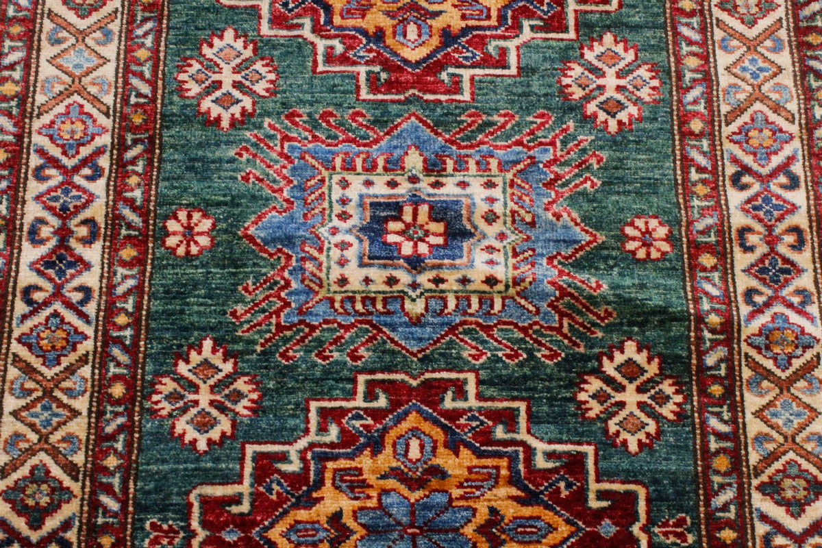 3x9 Green and Ivory Kazak Tribal Runner