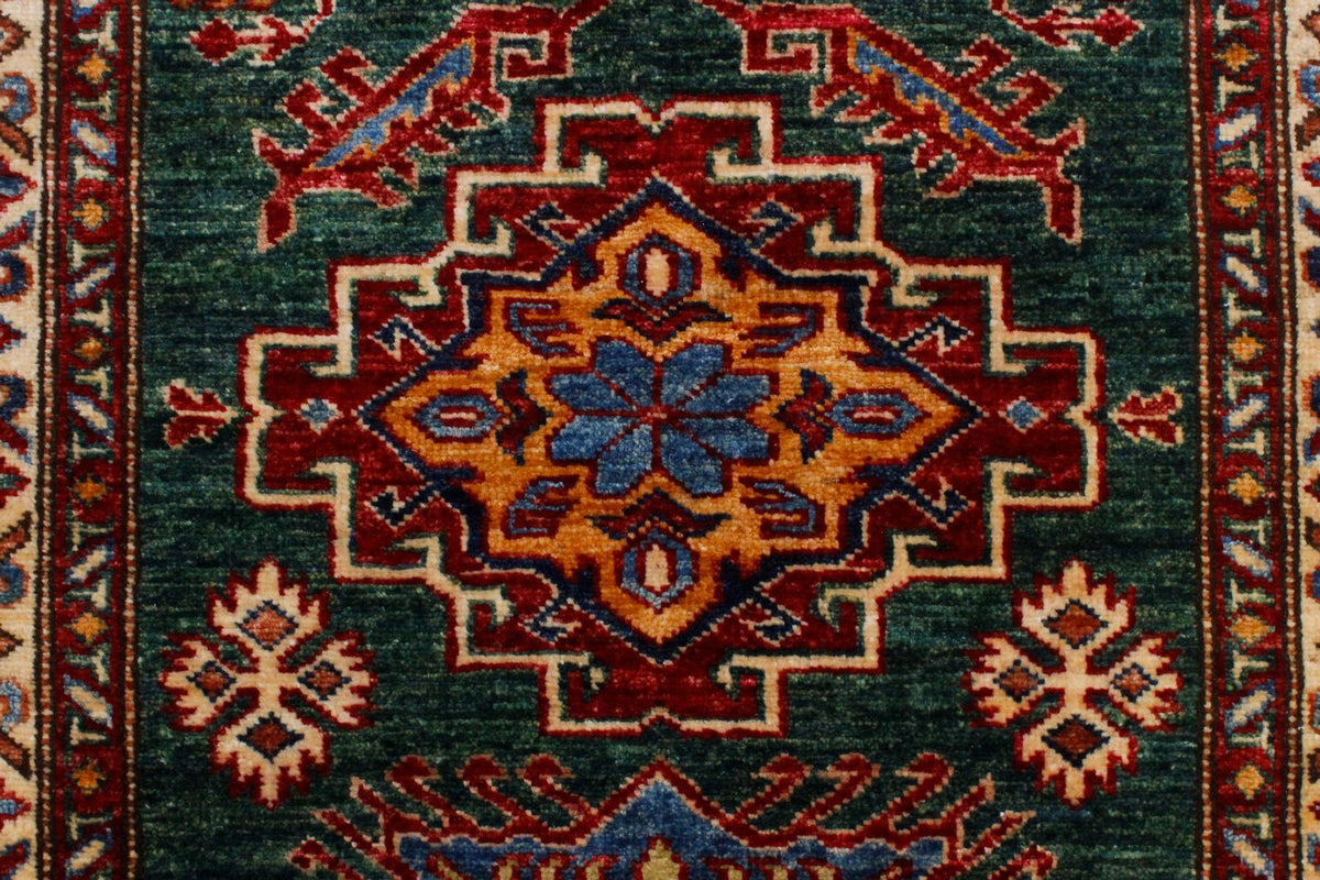 3x9 Green and Ivory Kazak Tribal Runner