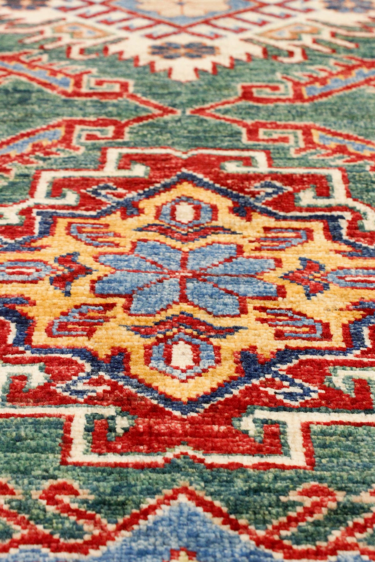 3x9 Green and Ivory Kazak Tribal Runner