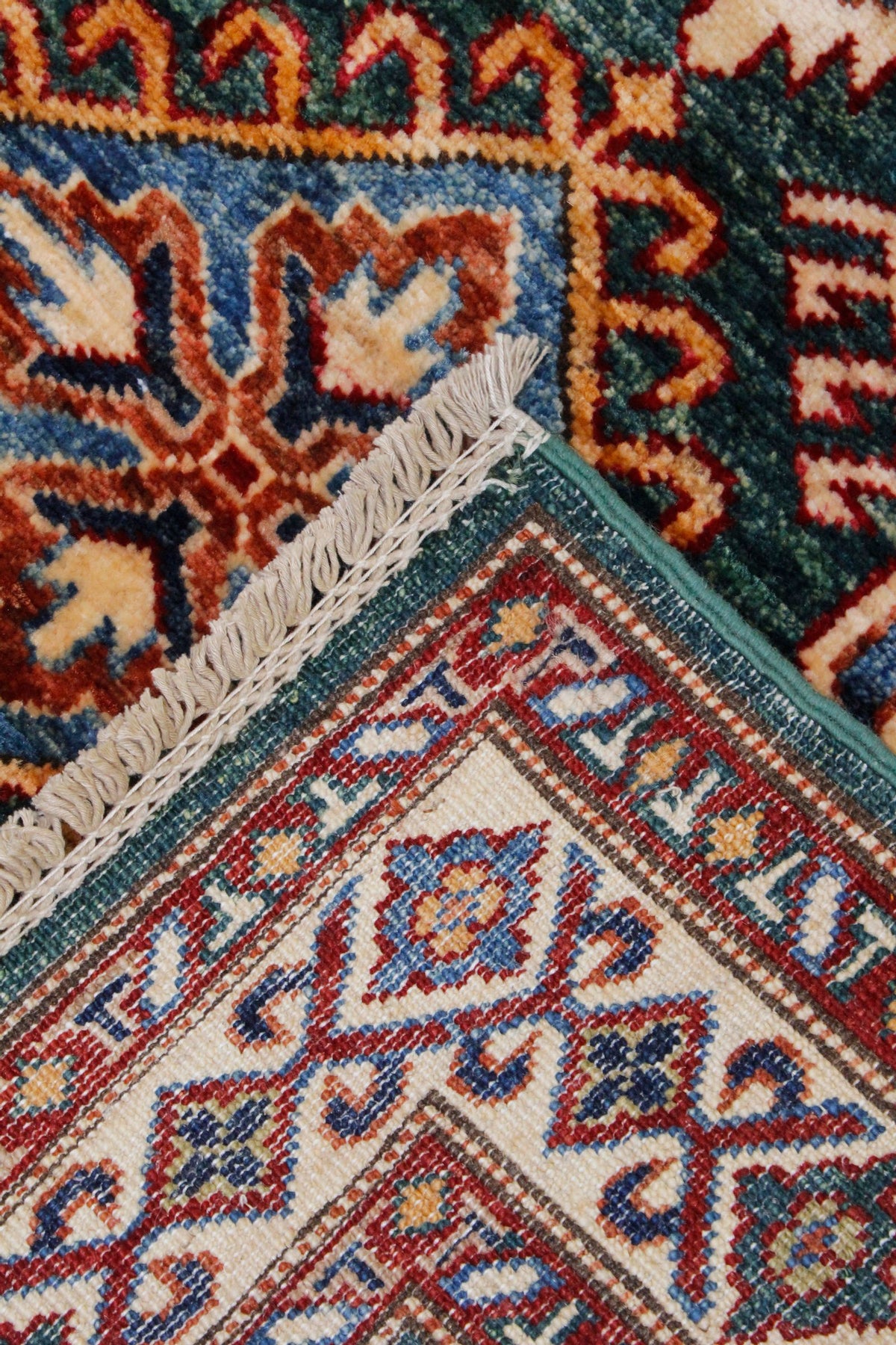 3x9 Green and Ivory Kazak Tribal Runner