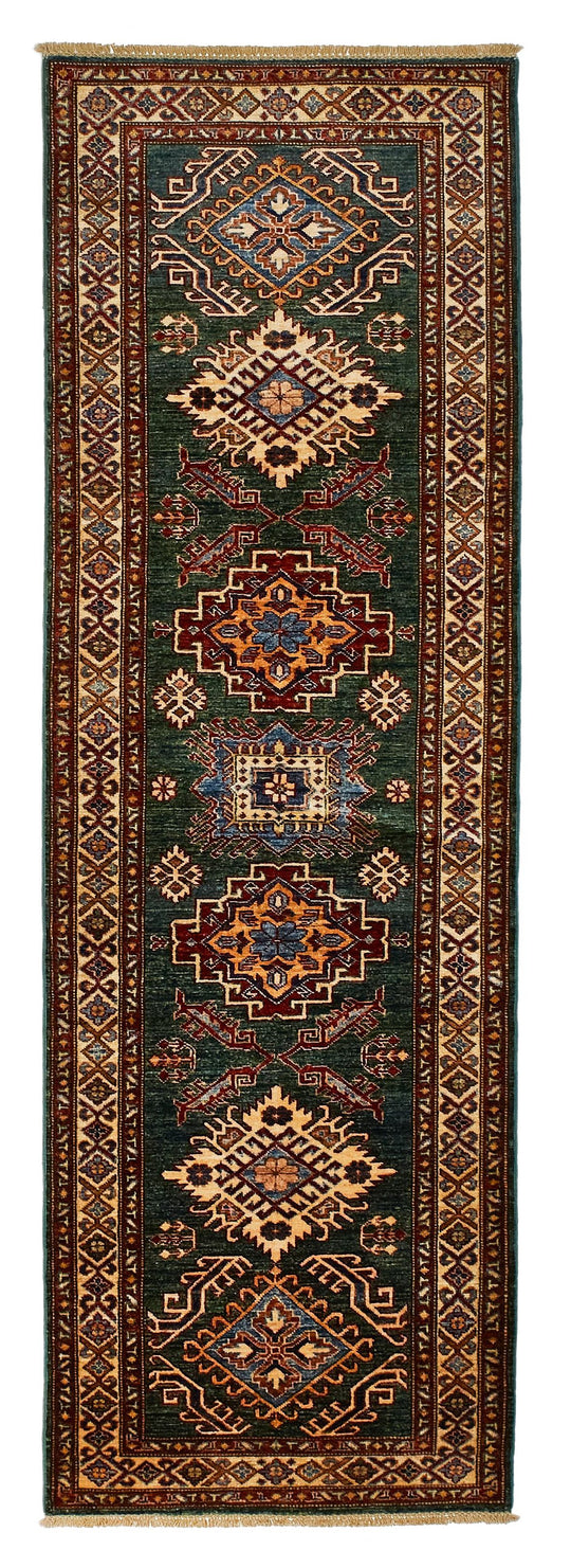 3x9 Green and Ivory Kazak Tribal Runner