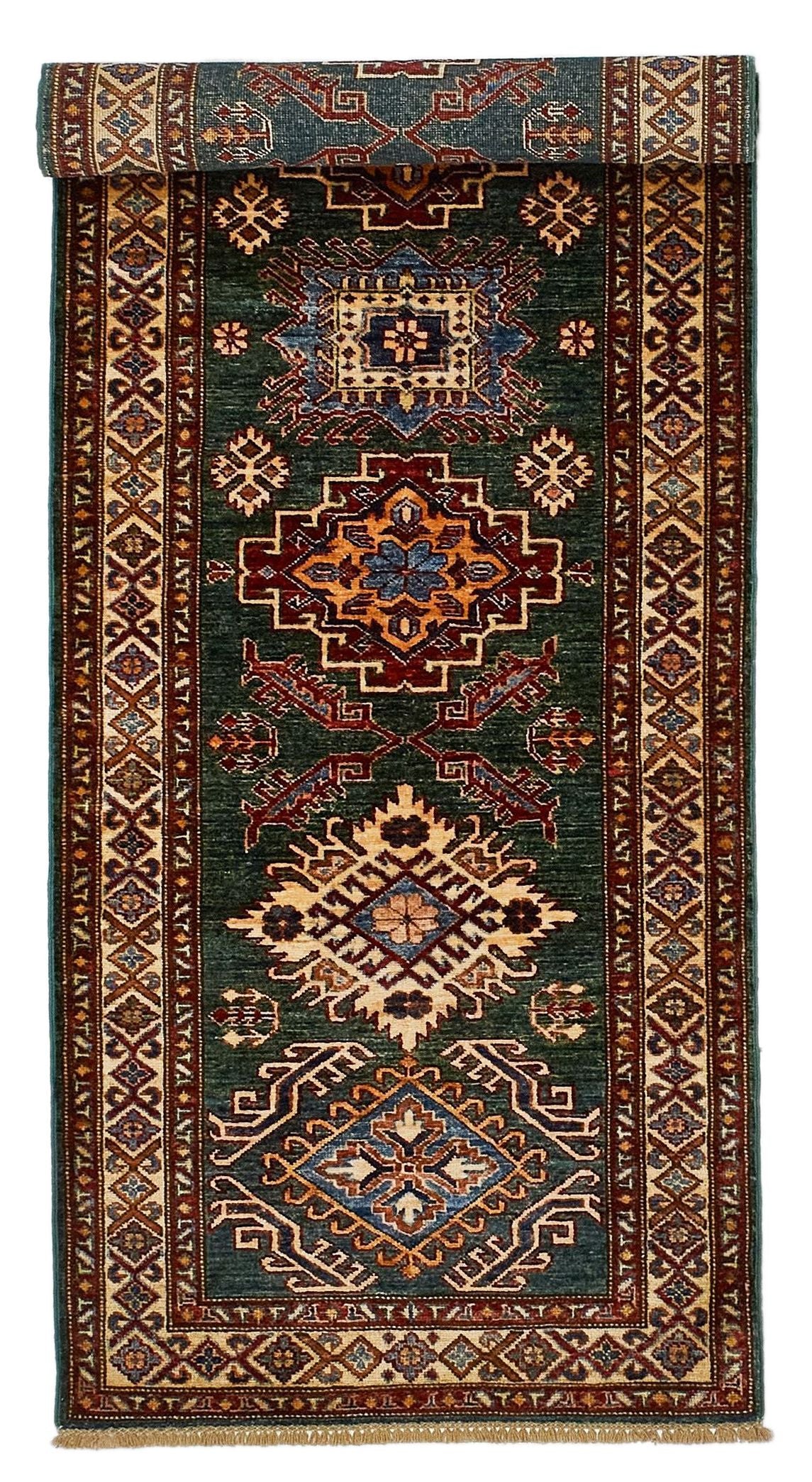 3x9 Green and Ivory Kazak Tribal Runner