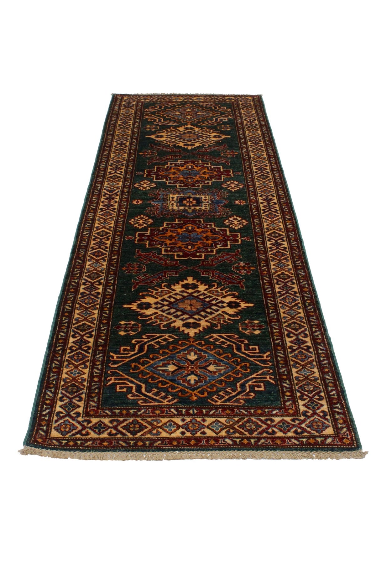 3x9 Green and Ivory Kazak Tribal Runner