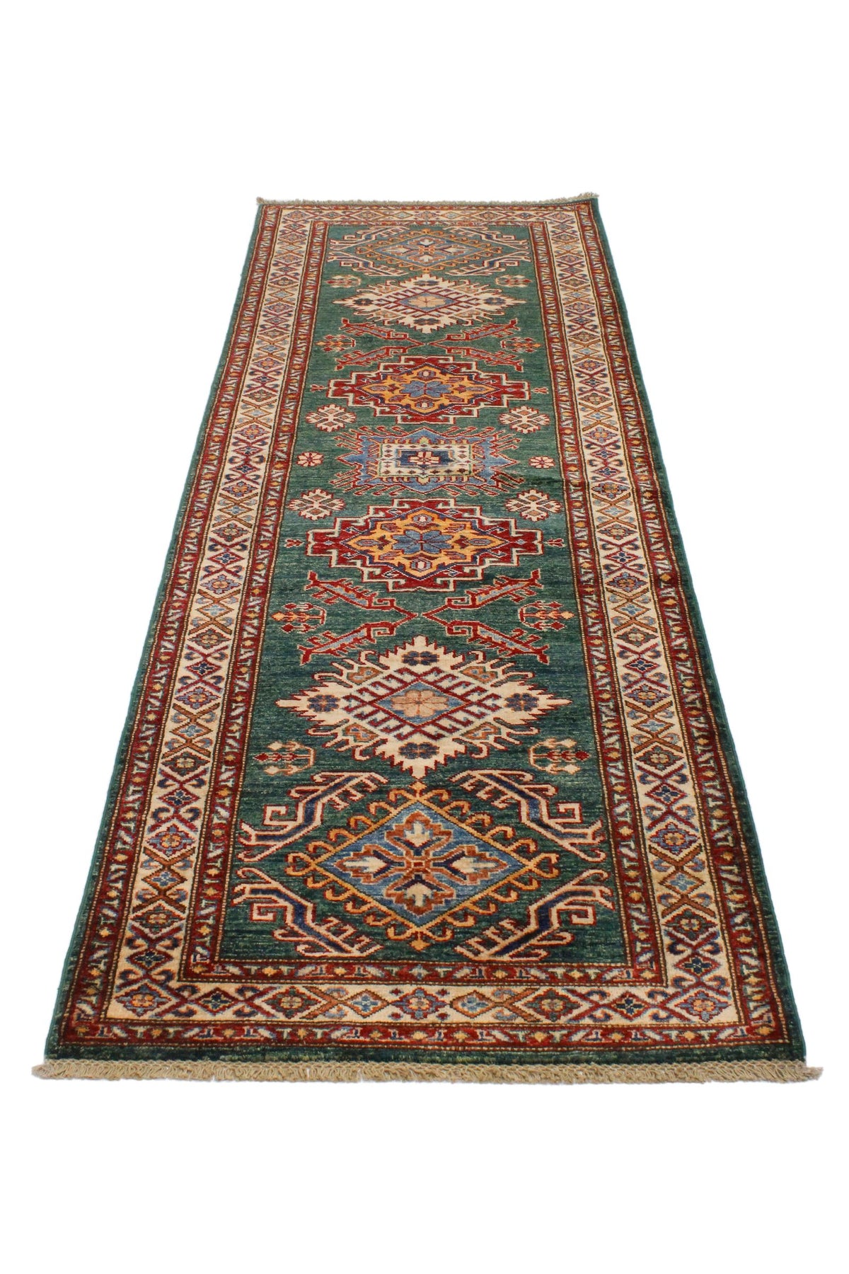 3x9 Green and Ivory Kazak Tribal Runner