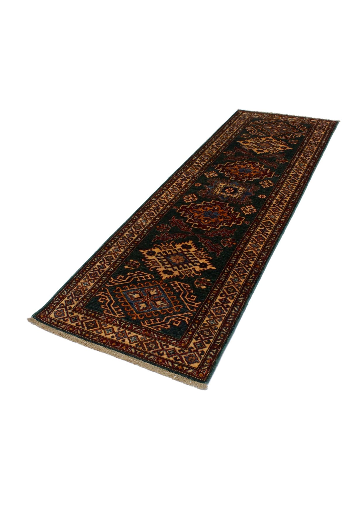 3x9 Green and Ivory Kazak Tribal Runner
