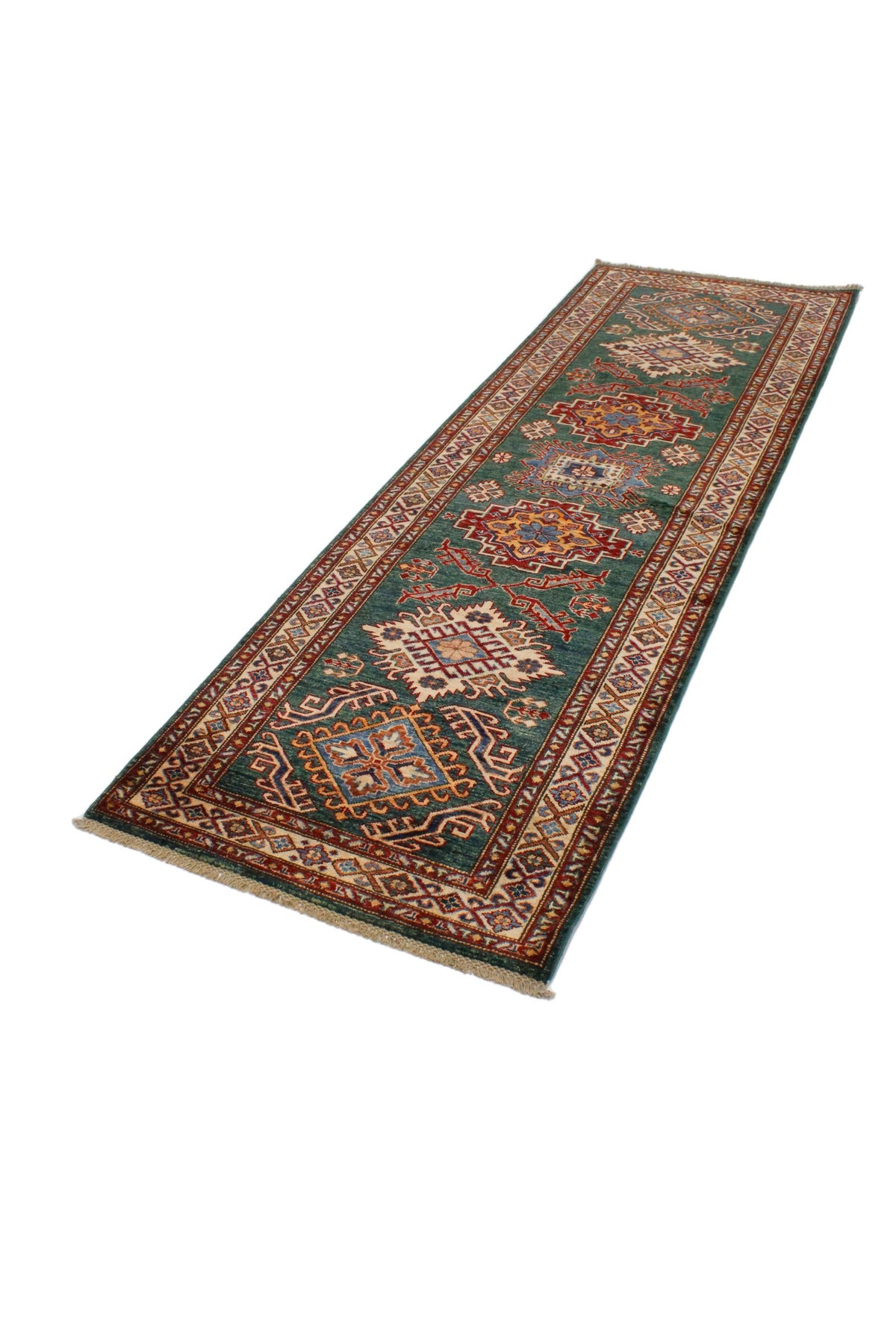 3x9 Green and Ivory Kazak Tribal Runner