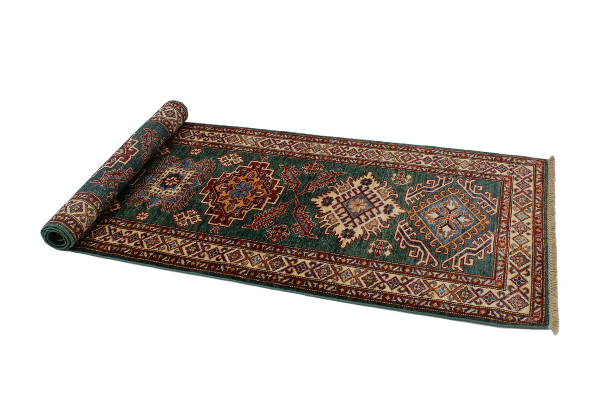 3x9 Green and Ivory Kazak Tribal Runner