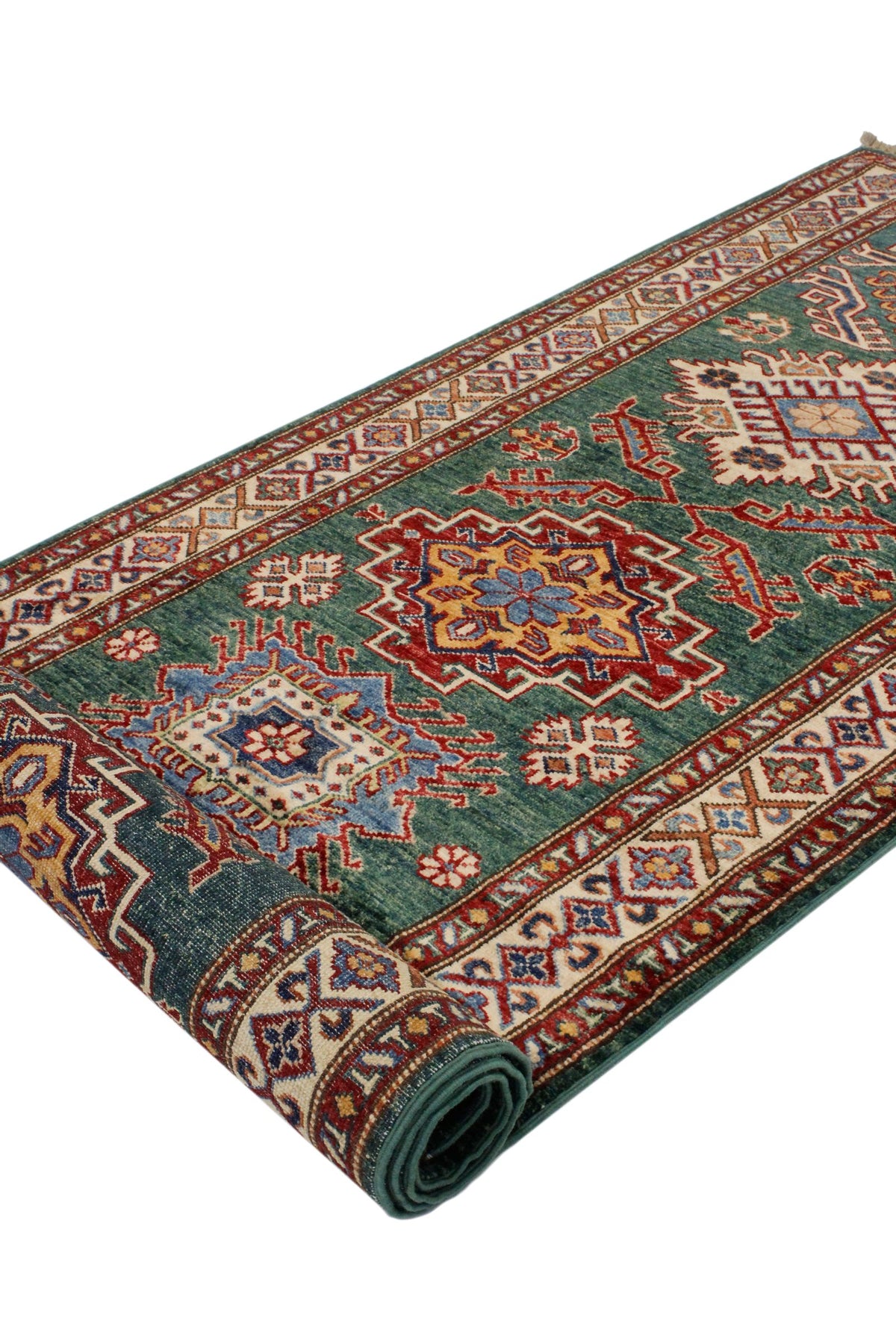3x9 Green and Ivory Kazak Tribal Runner