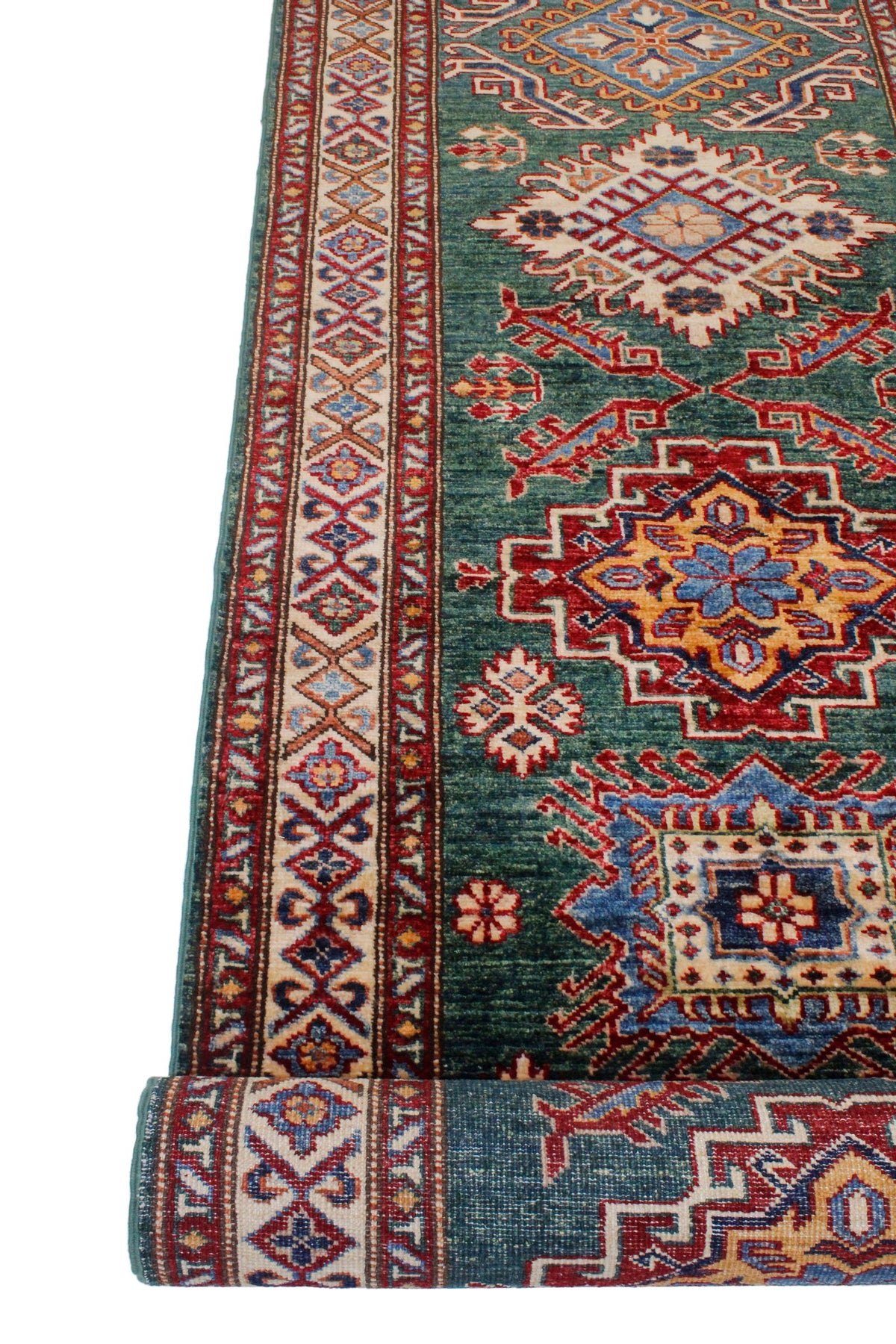 3x9 Green and Ivory Kazak Tribal Runner