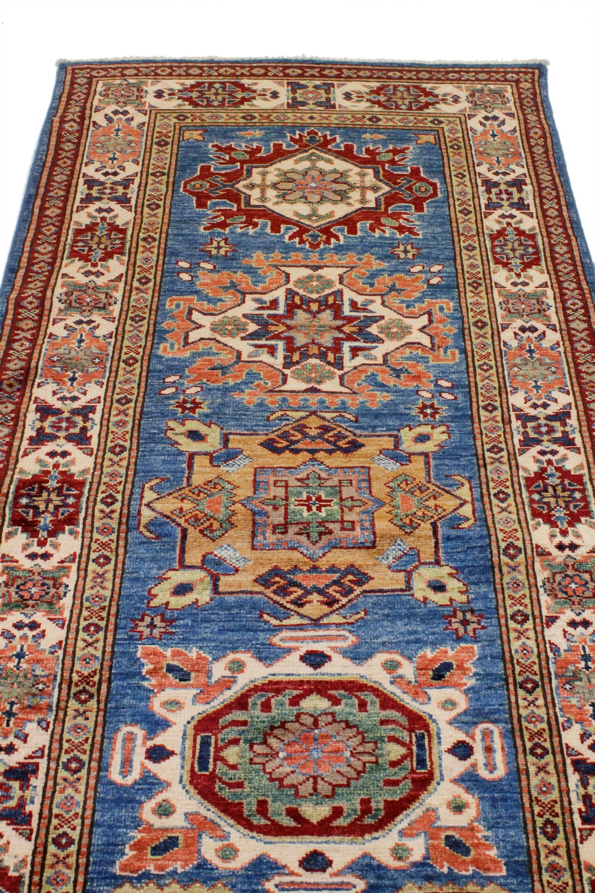 3x10 Blue and Ivory Kazak Tribal Runner
