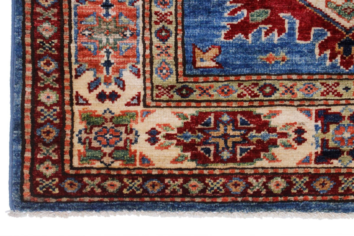 3x10 Blue and Ivory Kazak Tribal Runner