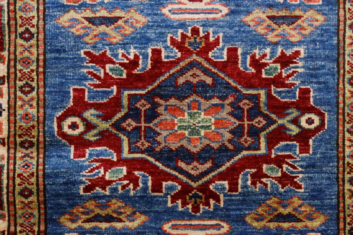 3x10 Blue and Ivory Kazak Tribal Runner