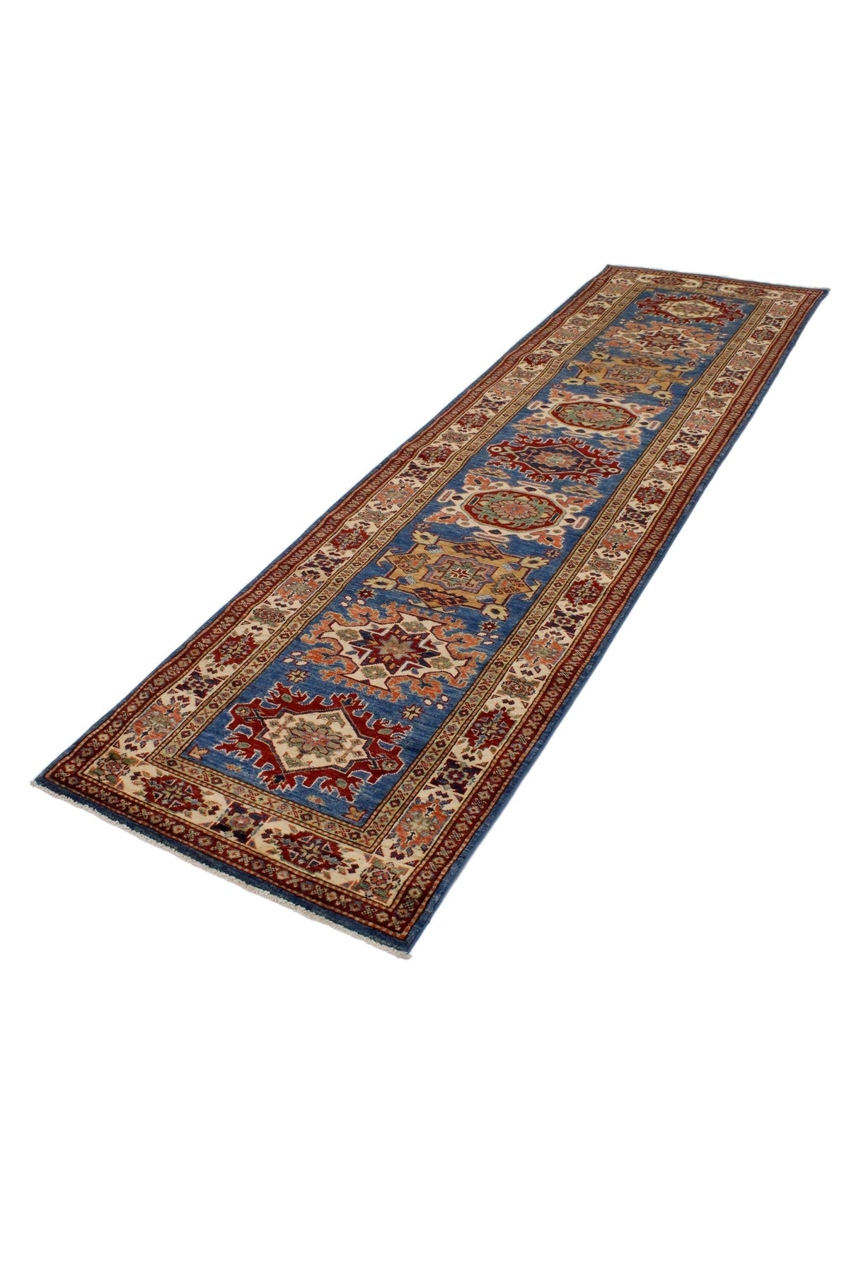 3x10 Blue and Ivory Kazak Tribal Runner