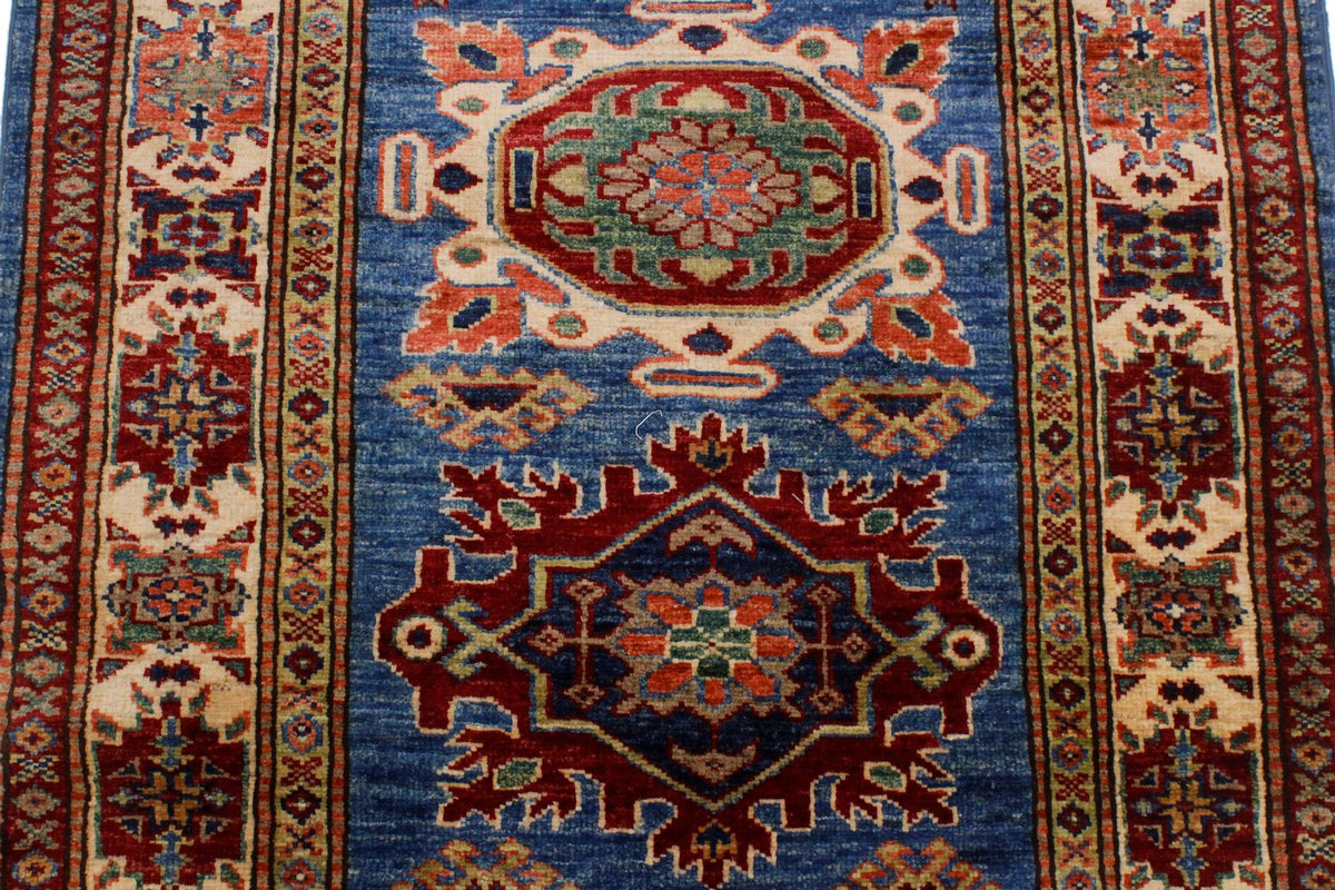 3x10 Blue and Ivory Kazak Tribal Runner
