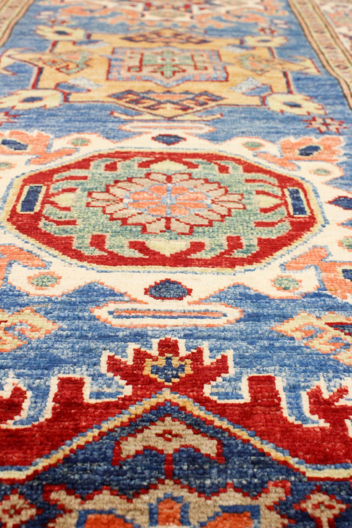 3x10 Blue and Ivory Kazak Tribal Runner
