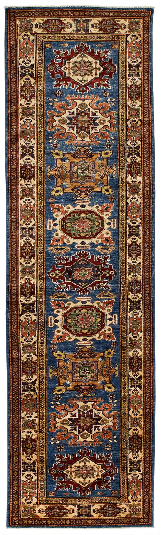 3x10 Blue and Ivory Kazak Tribal Runner