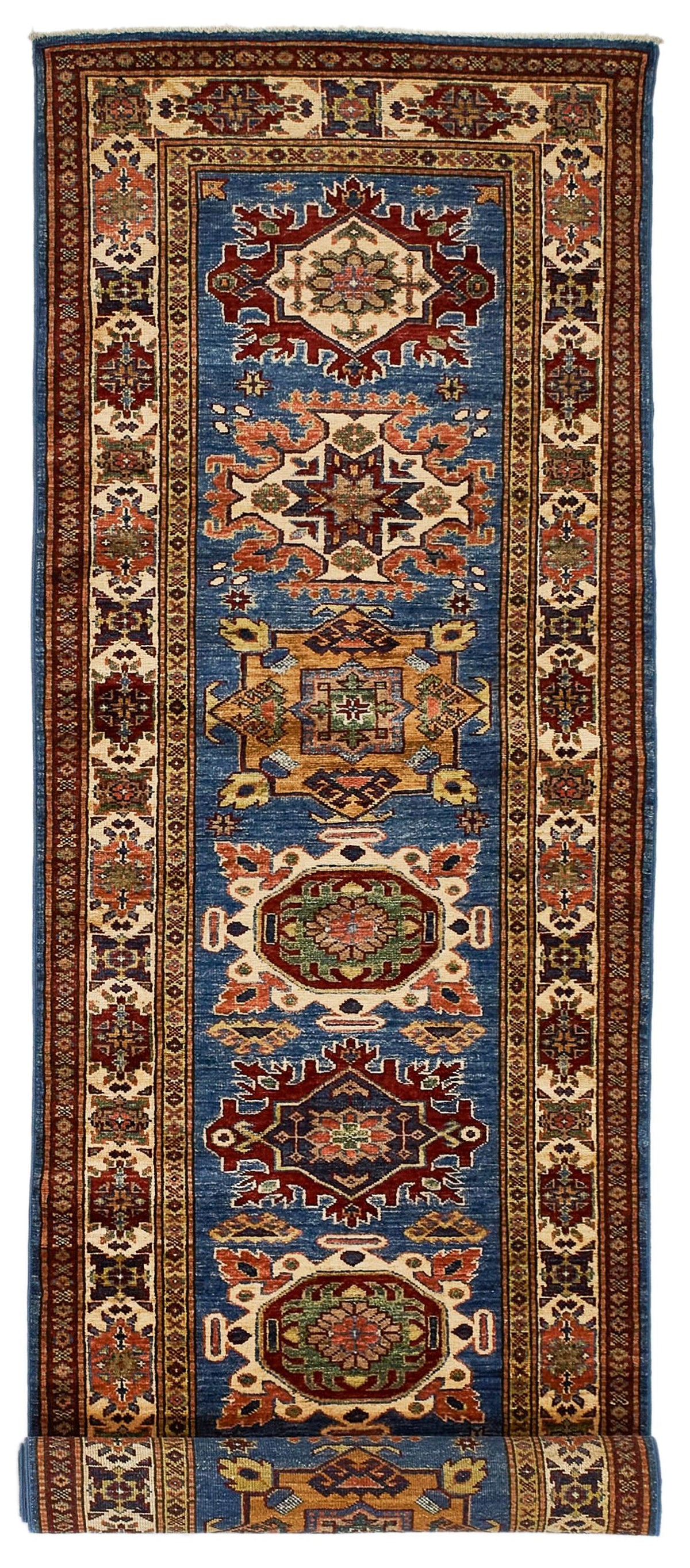 3x10 Blue and Ivory Kazak Tribal Runner
