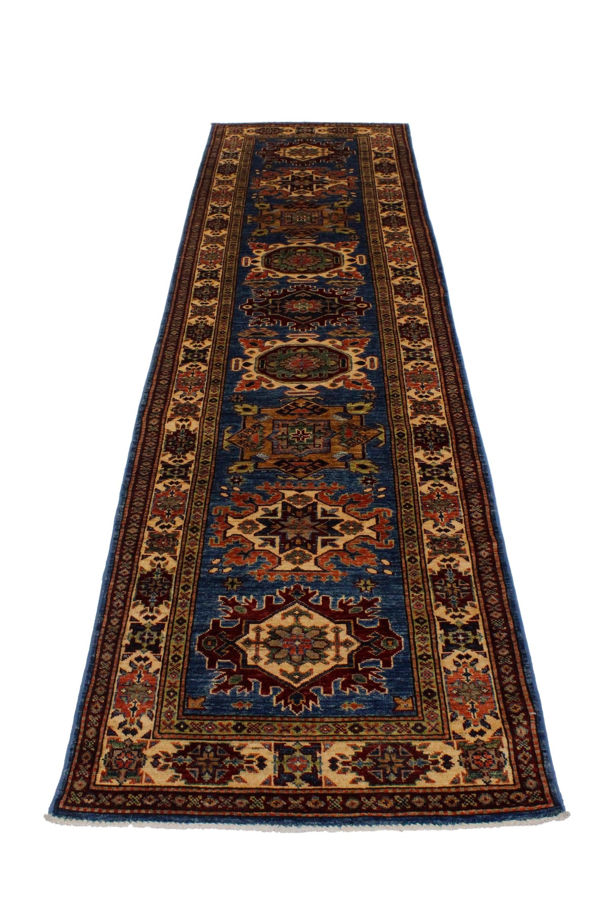 3x10 Blue and Ivory Kazak Tribal Runner