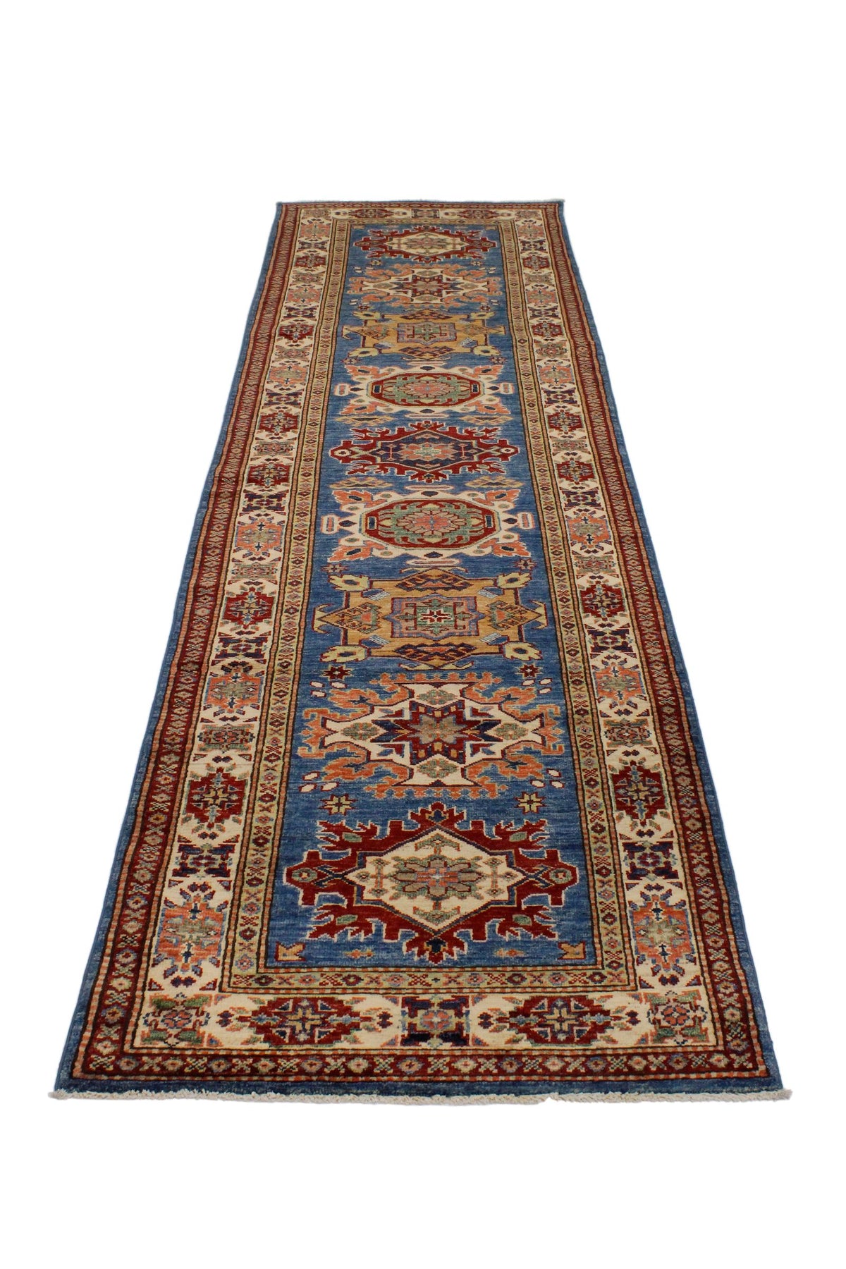 3x10 Blue and Ivory Kazak Tribal Runner