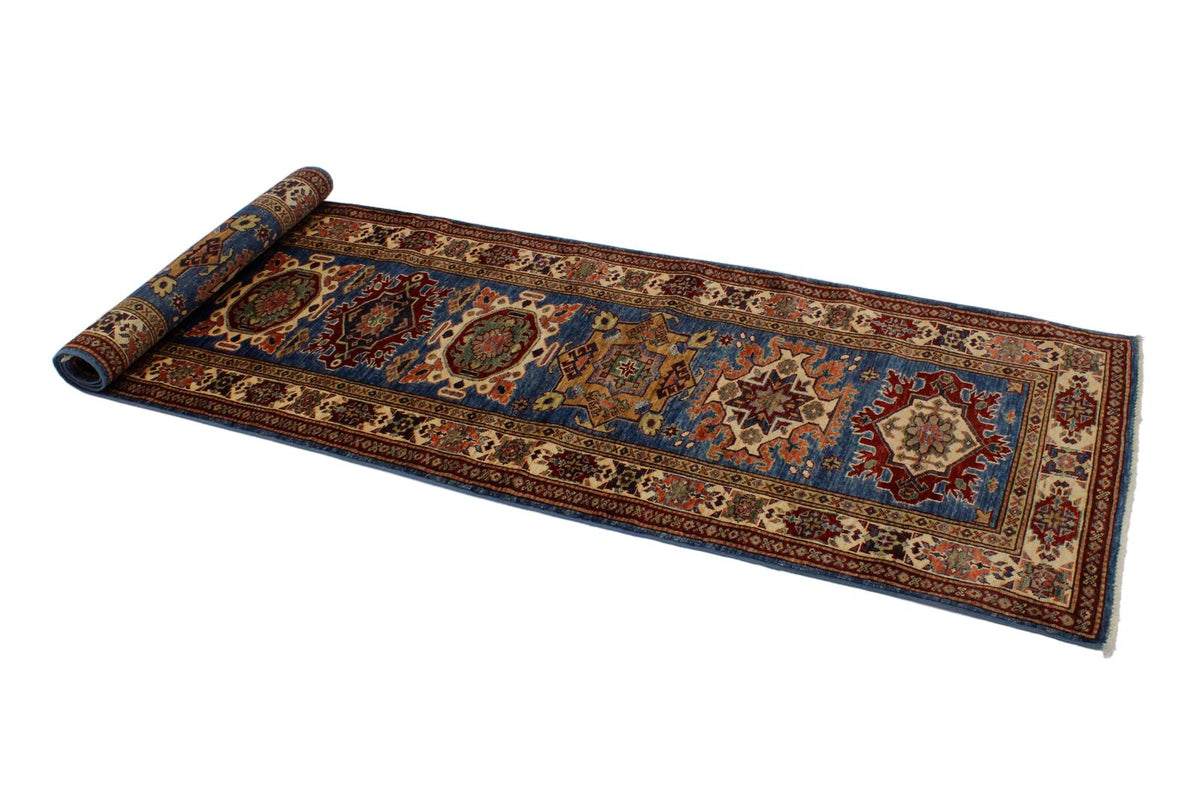 3x10 Blue and Ivory Kazak Tribal Runner