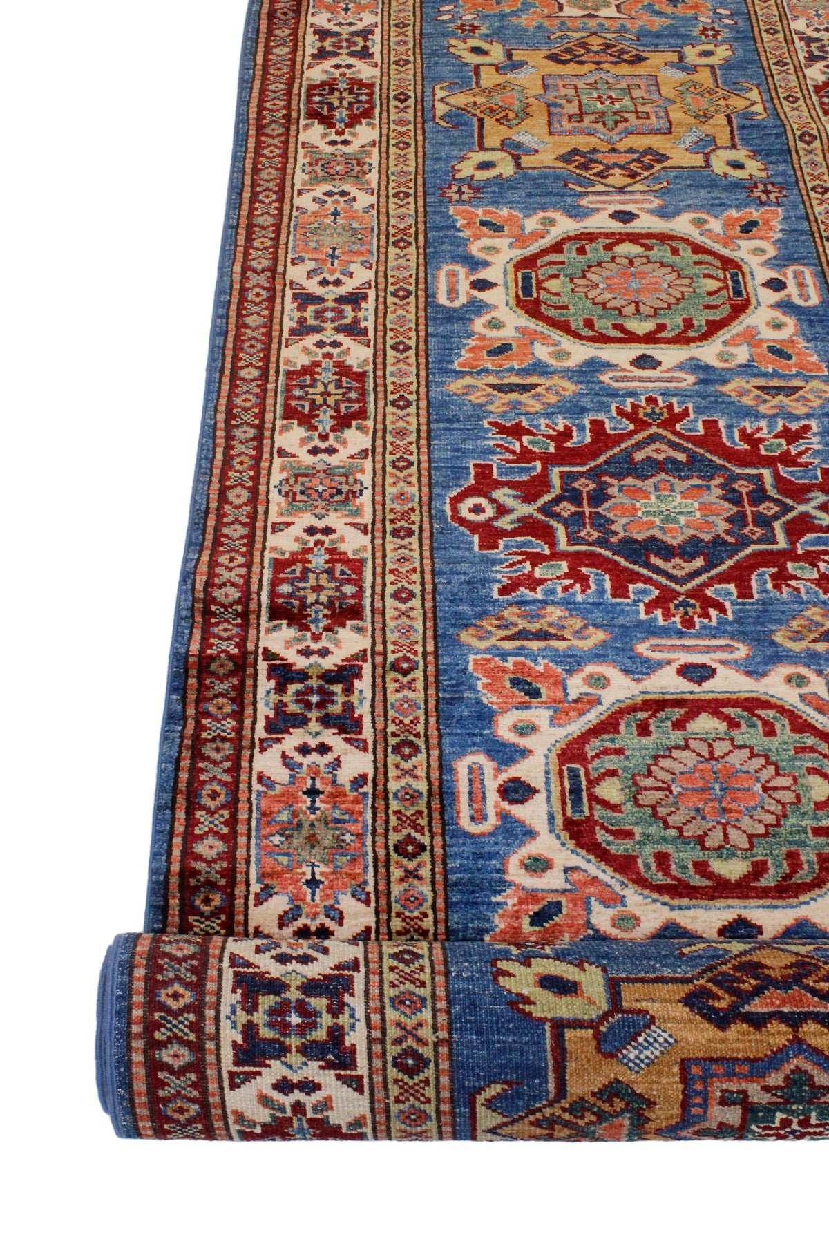 3x10 Blue and Ivory Kazak Tribal Runner