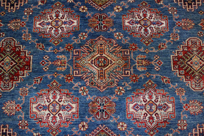 9x12 Blue and Ivory Kazak Tribal Rug