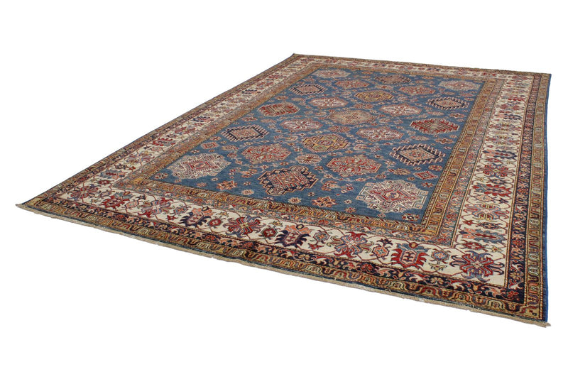 9x12 Blue and Ivory Kazak Tribal Rug