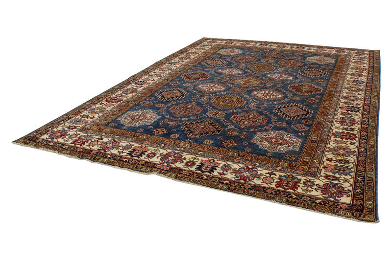 9x12 Blue and Ivory Kazak Tribal Rug