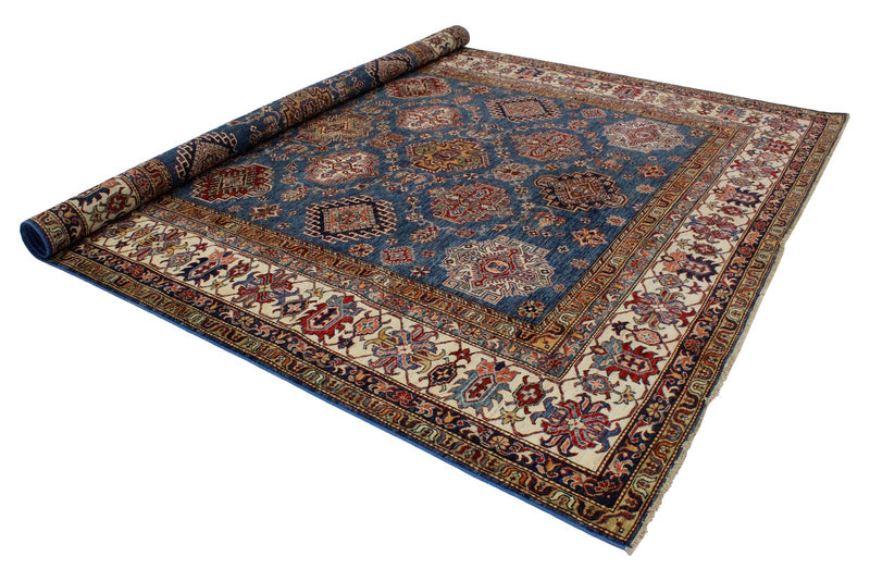 9x12 Blue and Ivory Kazak Tribal Rug