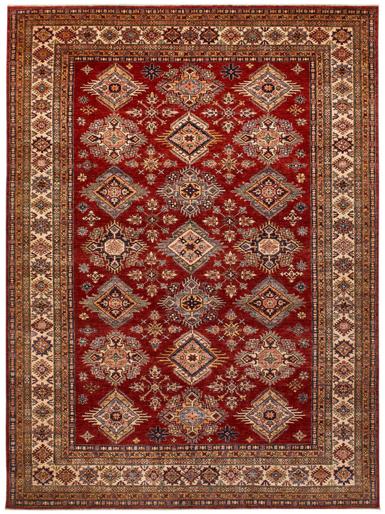 9x12 Red and Ivory Kazak Tribal Rug
