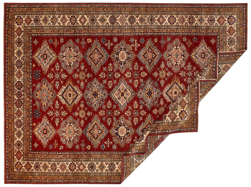 9x12 Red and Ivory Kazak Tribal Rug