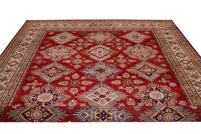 9x12 Red and Ivory Kazak Tribal Rug
