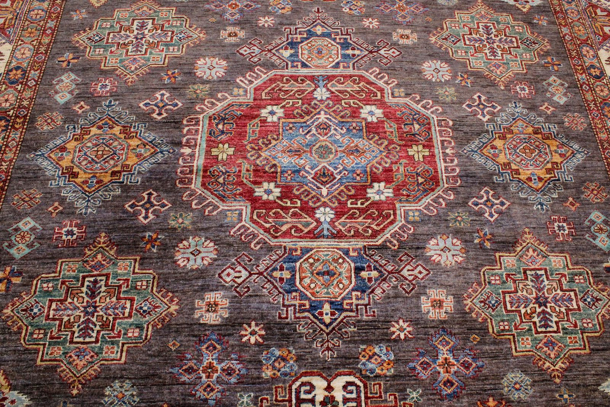 9x13 Gray and Ivory Kazak Tribal Rug