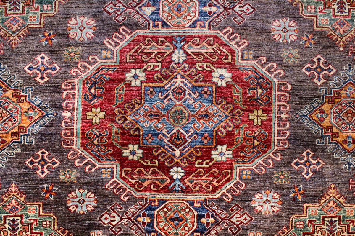 9x13 Gray and Ivory Kazak Tribal Rug