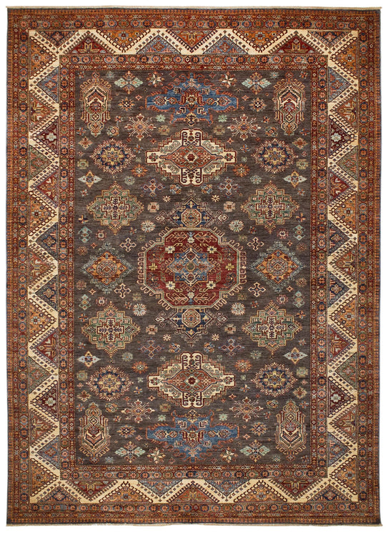 9x13 Gray and Ivory Kazak Tribal Rug