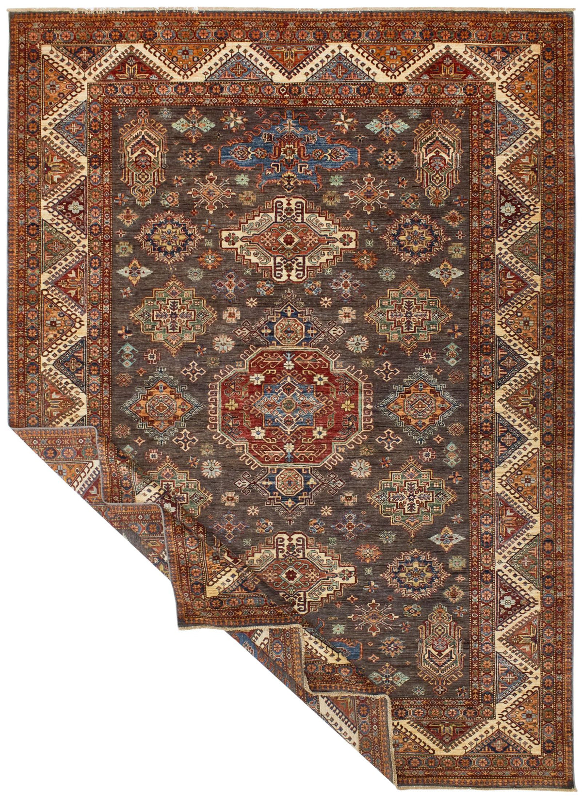 9x13 Gray and Ivory Kazak Tribal Rug