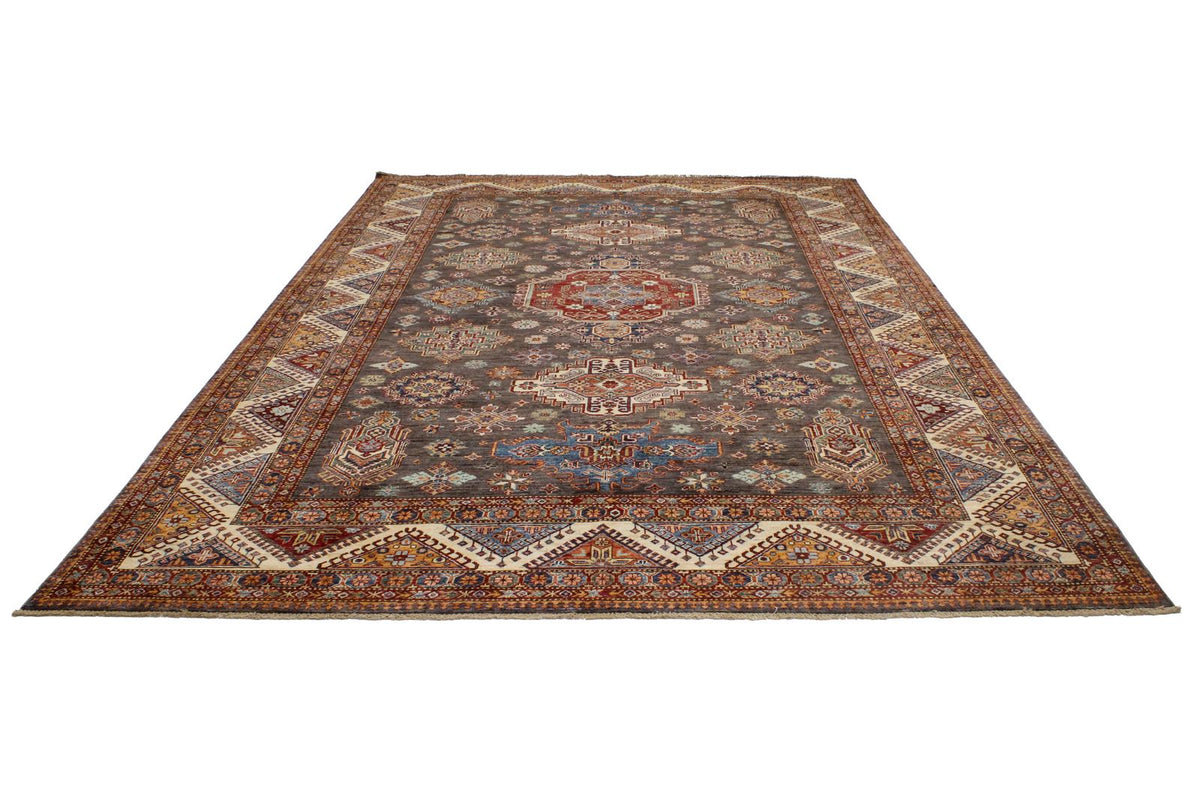 9x13 Gray and Ivory Kazak Tribal Rug