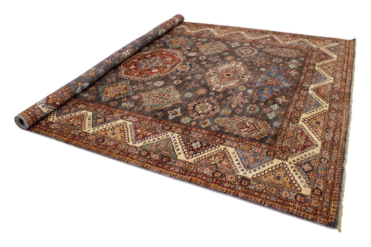 9x13 Gray and Ivory Kazak Tribal Rug