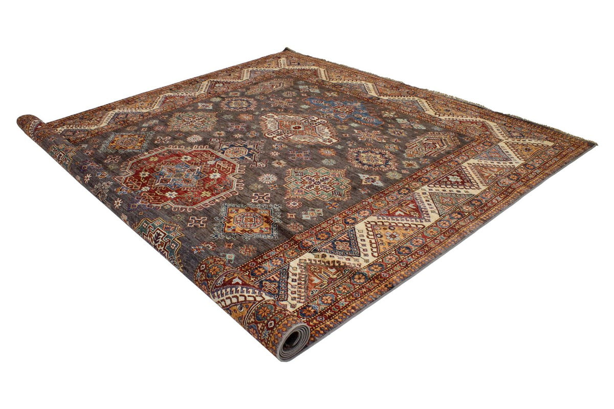 9x13 Gray and Ivory Kazak Tribal Rug