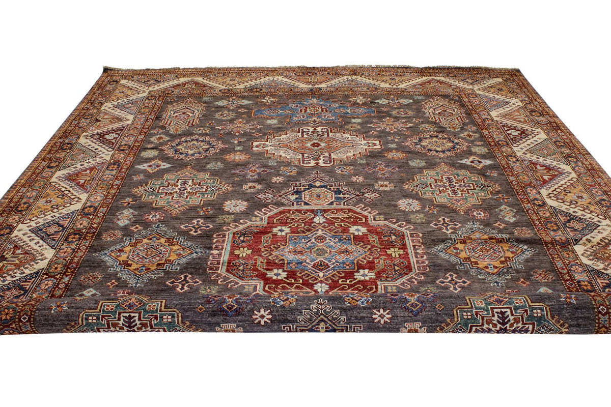 9x13 Gray and Ivory Kazak Tribal Rug