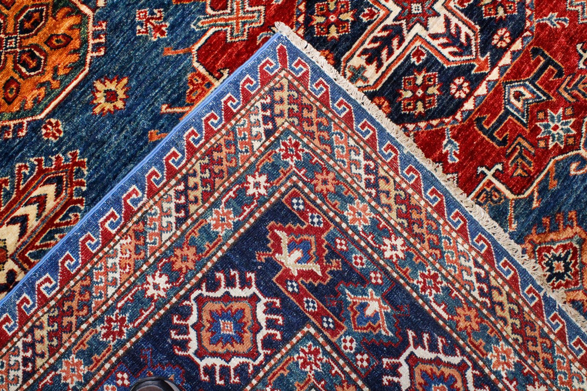 9x13 Light Blue and Navy Kazak Tribal Rug