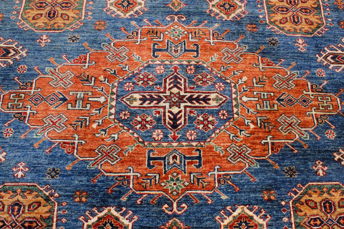 9x13 Light Blue and Navy Kazak Tribal Rug