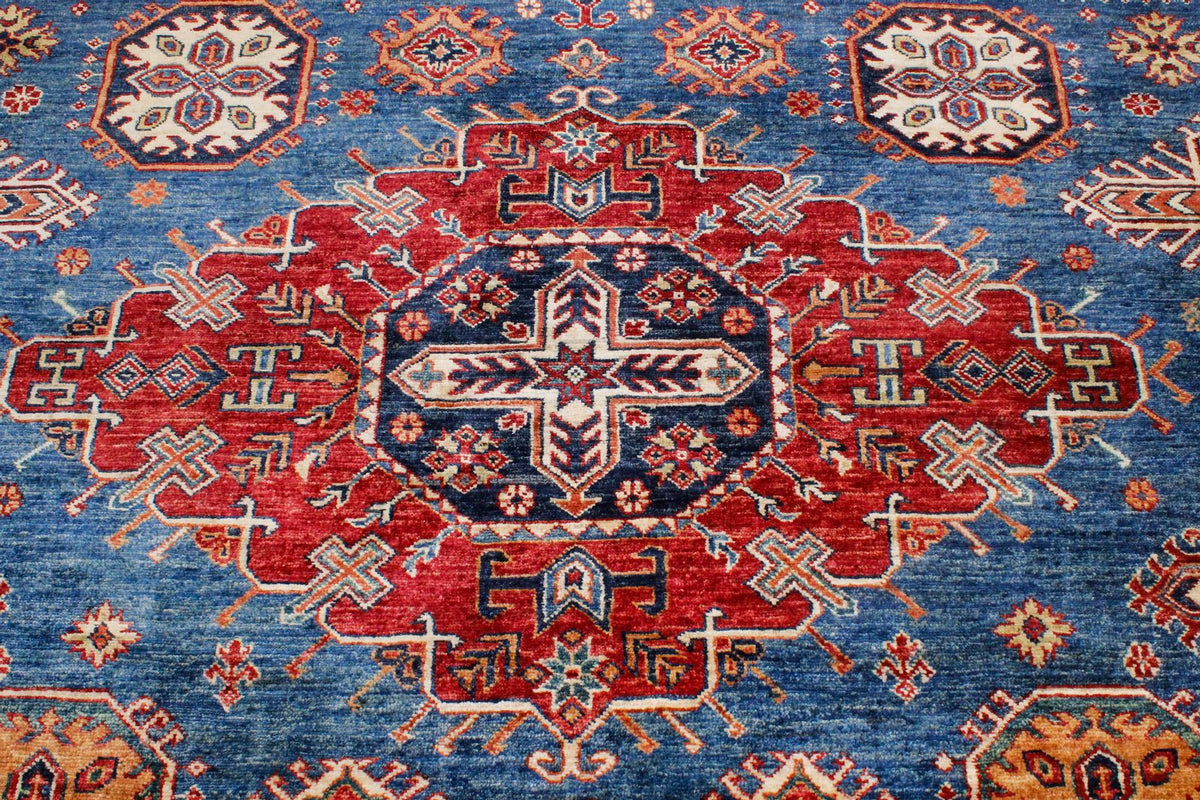 9x13 Light Blue and Navy Kazak Tribal Rug